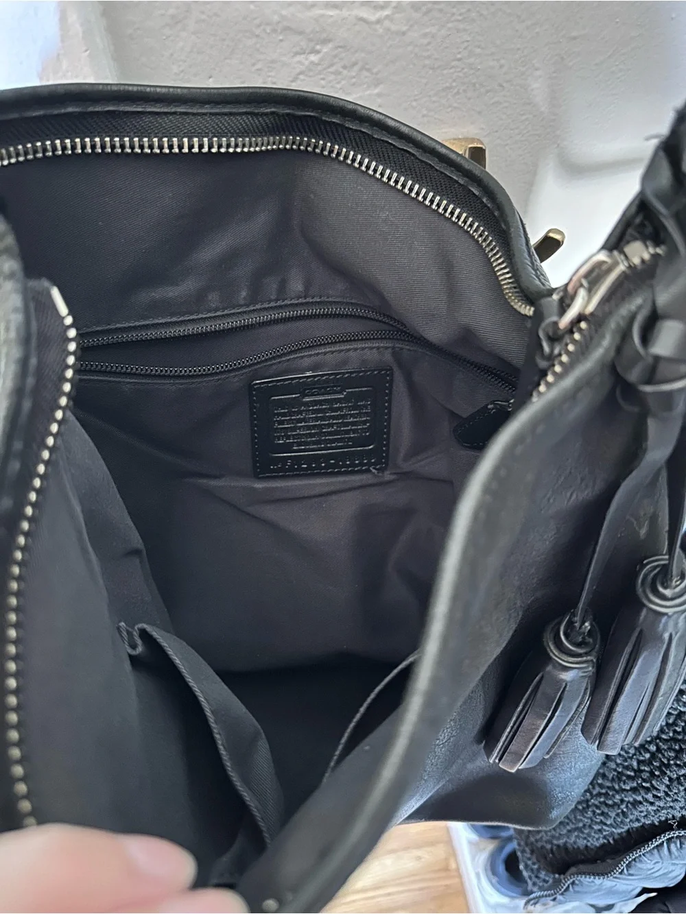 Coach Black Leather Shoulder Bag with Tassels